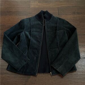 90s J. Khaki Black Jacket Mixed Media Suede Panel Knit Zip Women's Size M